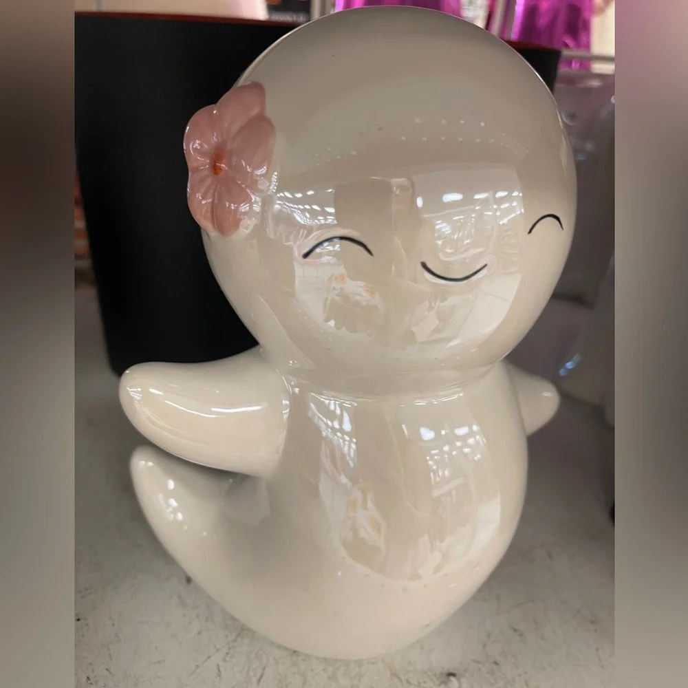 Pink Halloween Ghost Girl w/Pink Flower Ceramic  Figure Holiday Decor NWT